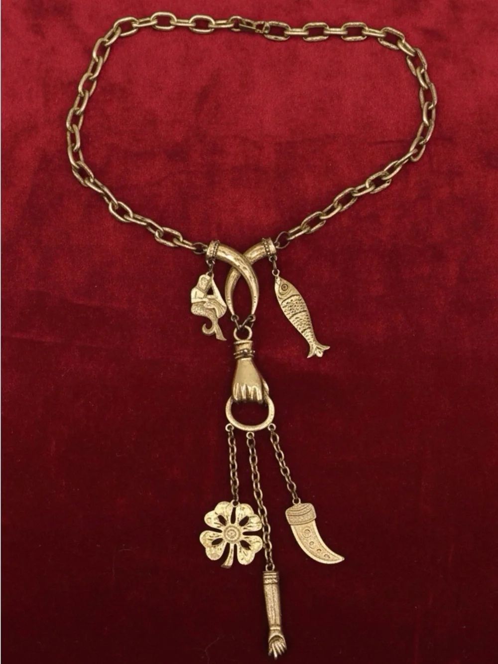 Vintage Gold-tone Hand Charm Talisman Necklace, Fish, Mermaid, Clover